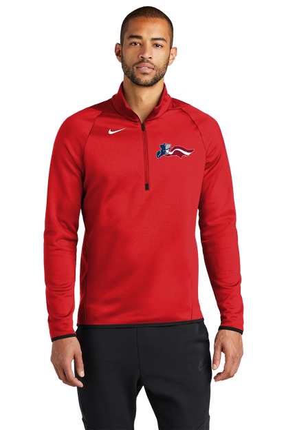 Man wearing a red Nike pullover with a logo on a white background. Paper Street Print Co, Blairstown, NJ.