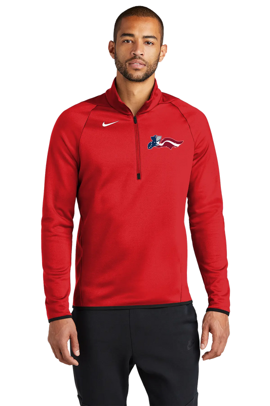 Man wearing a red Nike pullover with a logo on a white background. Paper Street Print Co, Blairstown, NJ.