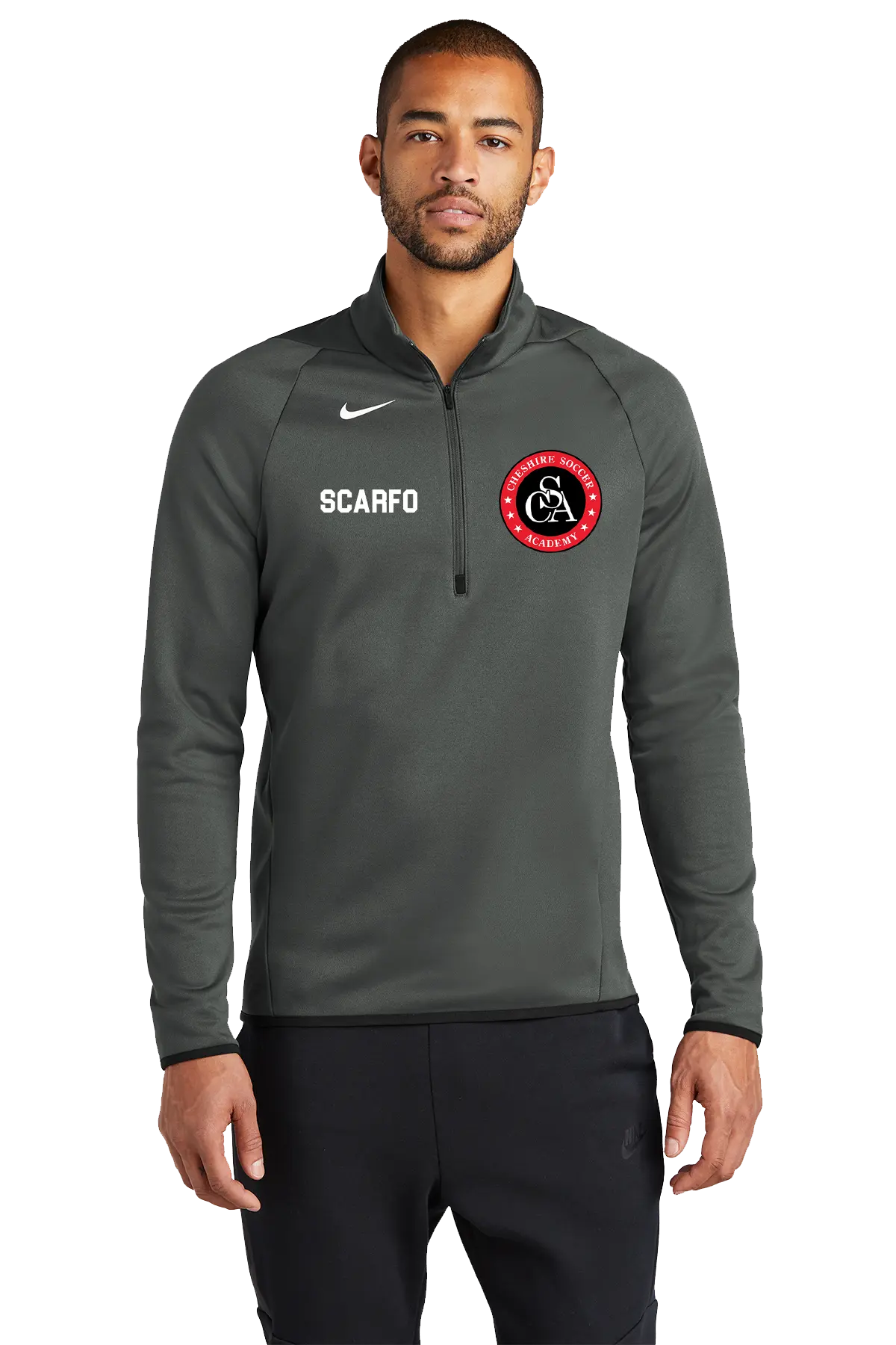 Man wearing a gray Nike pullover with logos on a white background. Paper Street Print Co, Blairstown, NJ.