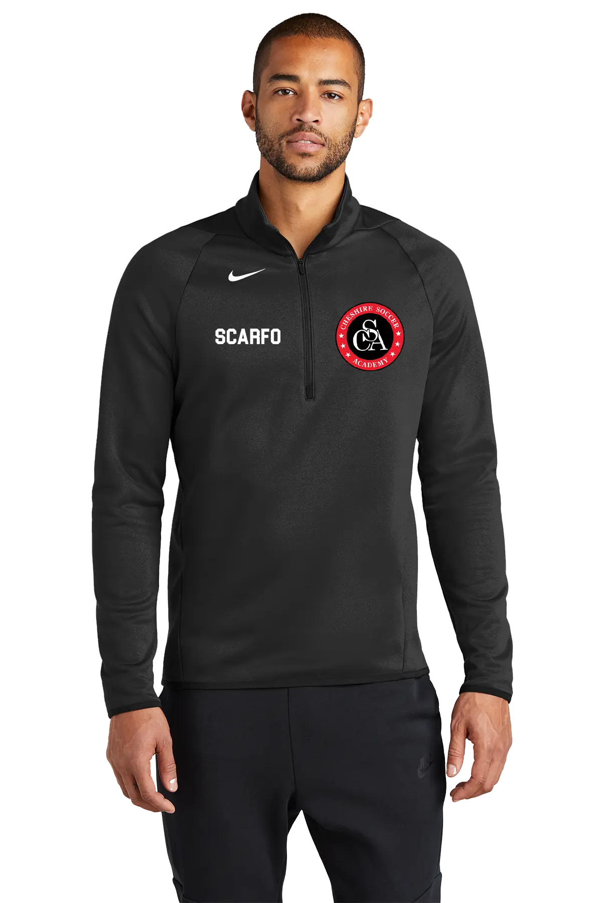 Man wearing a black Nike pullover with logos on a white background. Paper Street Print Co, Blairstown, NJ.