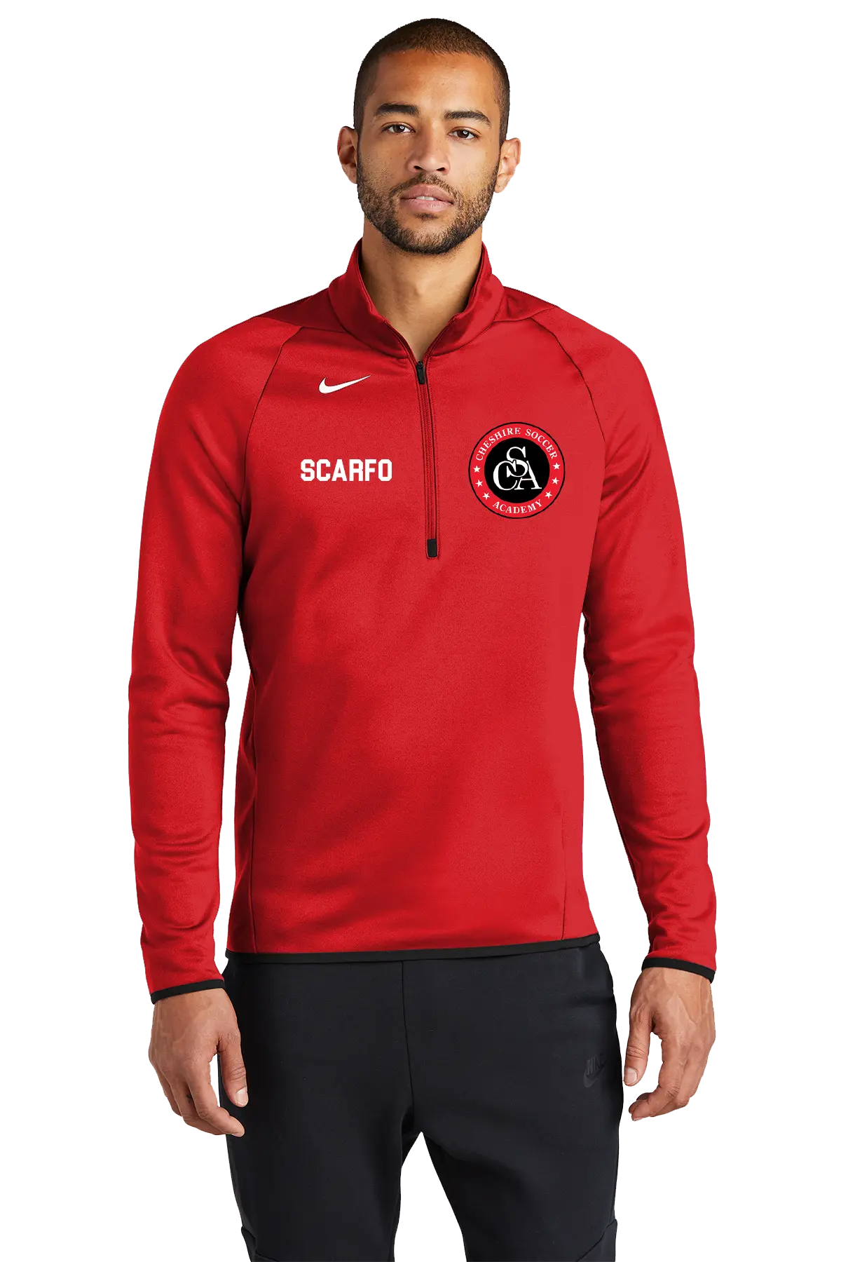 Man wearing a red Nike sports jacket with branding on a white background. Paper Street Print Co, Blairstown, NJ.