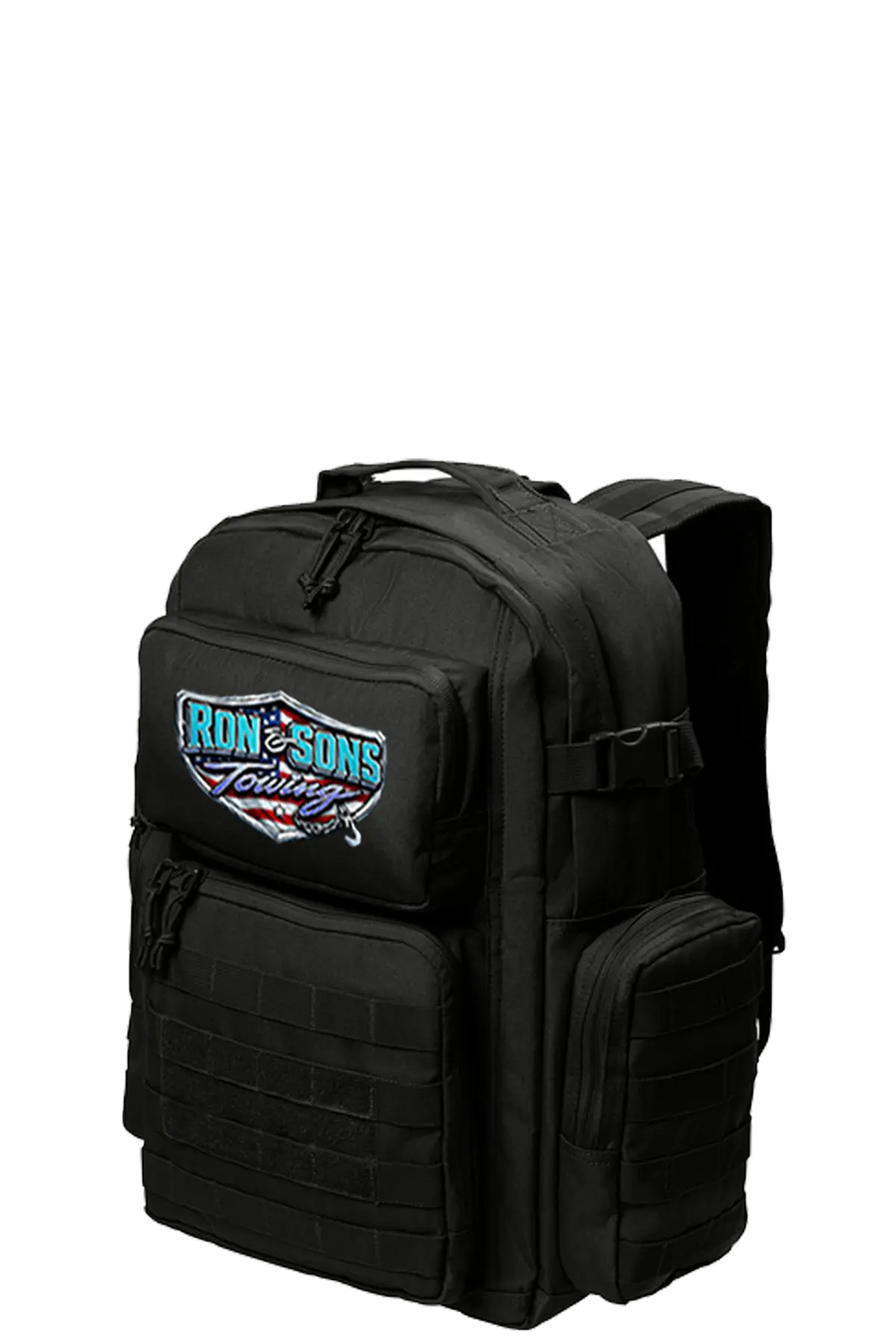 Black tactical backpack with a logo on a white background. Ron and Sons Towing, Paper Street Print Co, Blairstown, NJ.