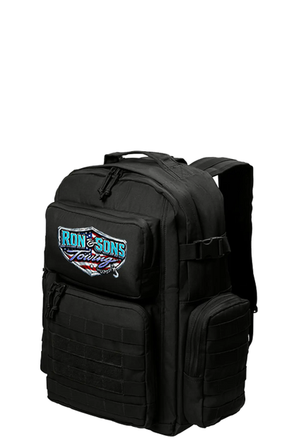 Black tactical backpack with a logo on a white background. Ron and Sons Towing, Paper Street Print Co, Blairstown, NJ.
