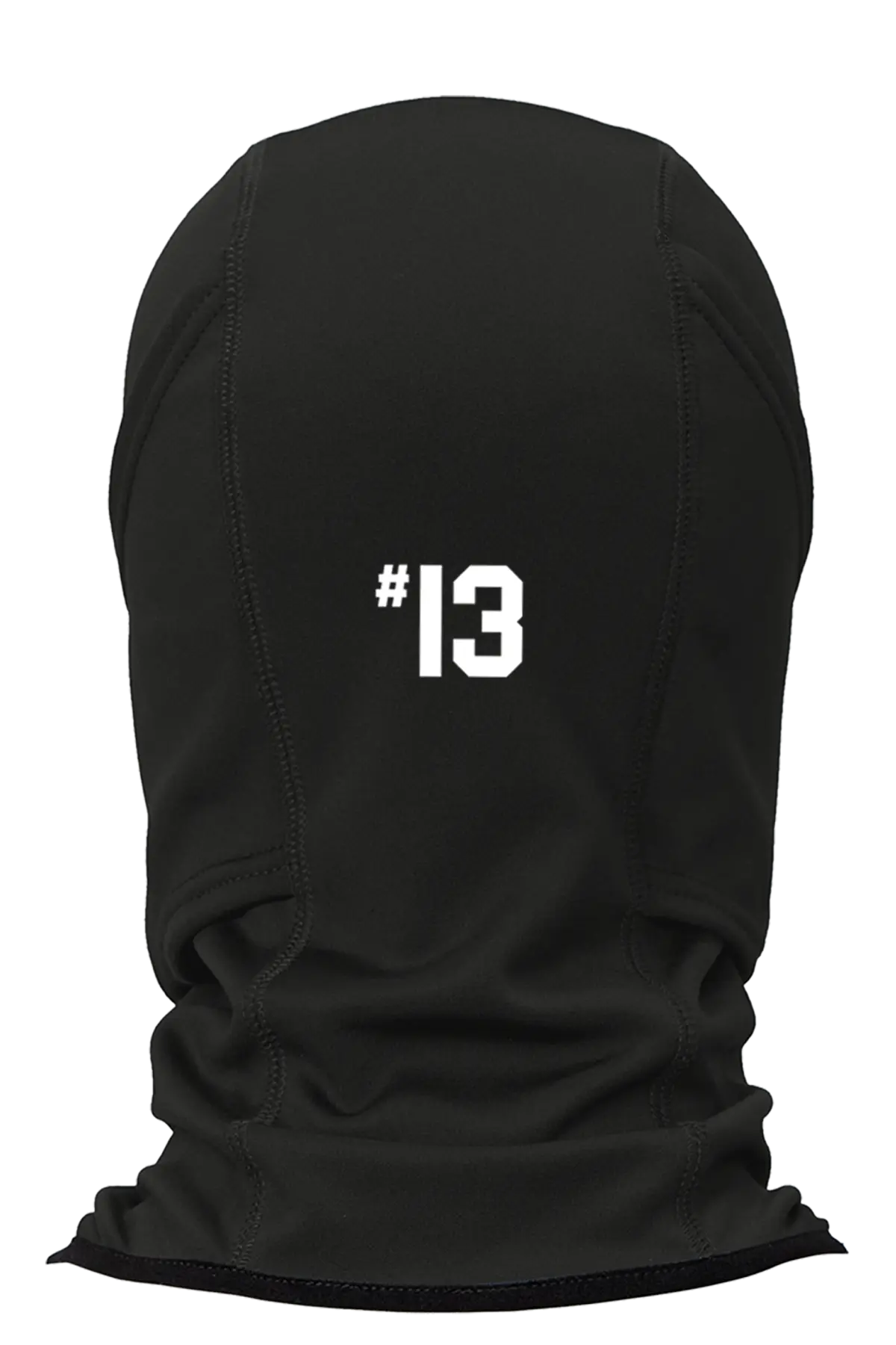 Black balaclava with the number 13 on a white background. Paper Street Print Co, Blairstown, NJ.