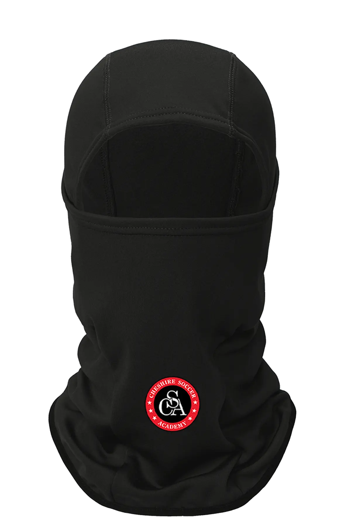 Black balaclava with a red and white logo on a white background. Paper Street Print Co, Blairstown, NJ.