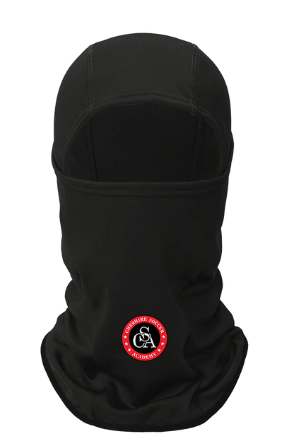 Black balaclava with a red and white logo on a white background. Paper Street Print Co, Blairstown, NJ.