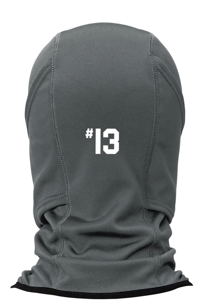 Gray balaclava with '#13' printed on a white background. Paper Street Print Co, Blairstown, NJ.