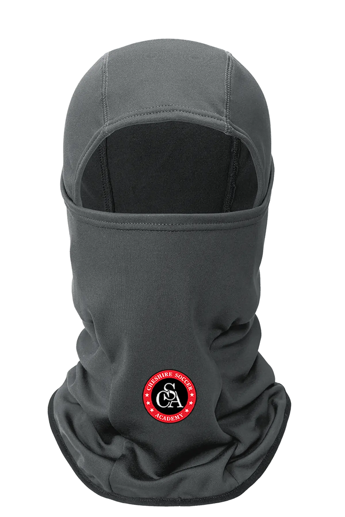 Gray balaclava with a logo on a white background. Paper Street Print Co, Blairstown, NJ.