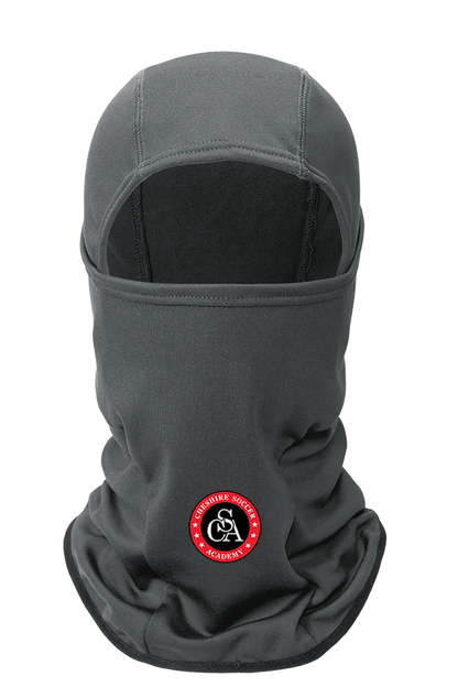 Gray balaclava with a logo on a white background. Paper Street Print Co, Blairstown, NJ.