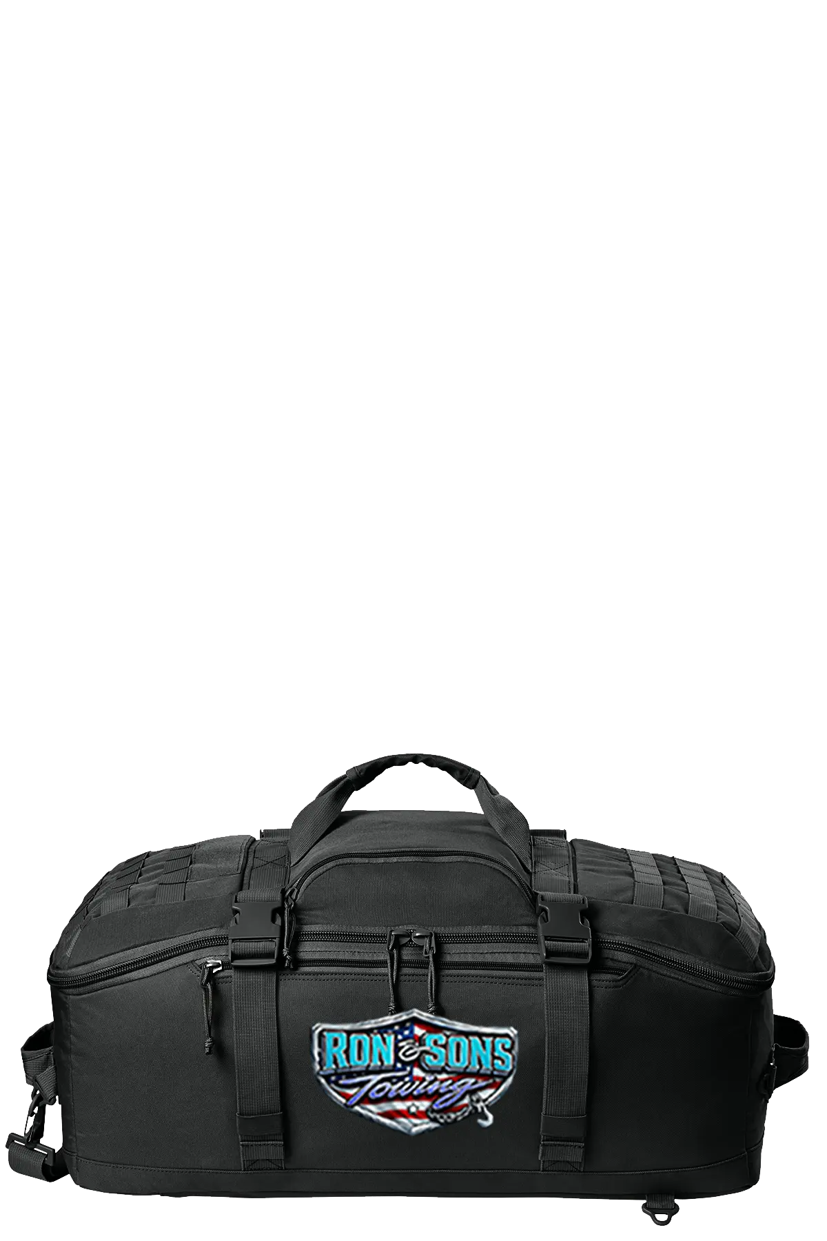 Black duffel bag with 'Ron & Sons' logo on a white background. Ron and Sons Towing, Paper Street Print Co, Blairstown, NJ.