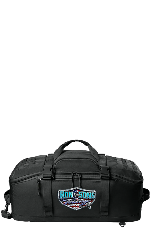 Black duffel bag with 'Ron & Sons' logo on a white background. Ron and Sons Towing, Paper Street Print Co, Blairstown, NJ.