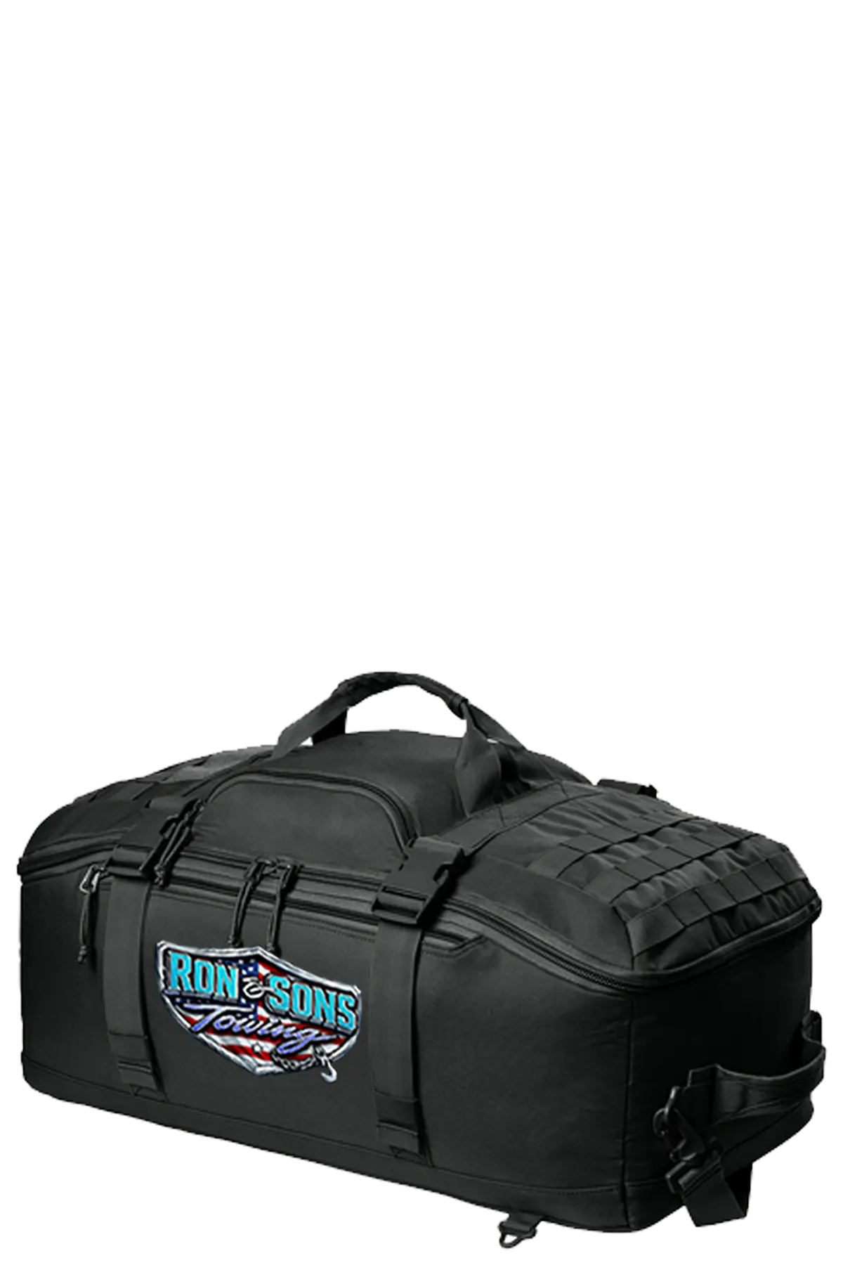Black tactical bag with visible branding on a white background. Ron and Sons Towing, Paper Street Print Co, Blairstown, NJ.