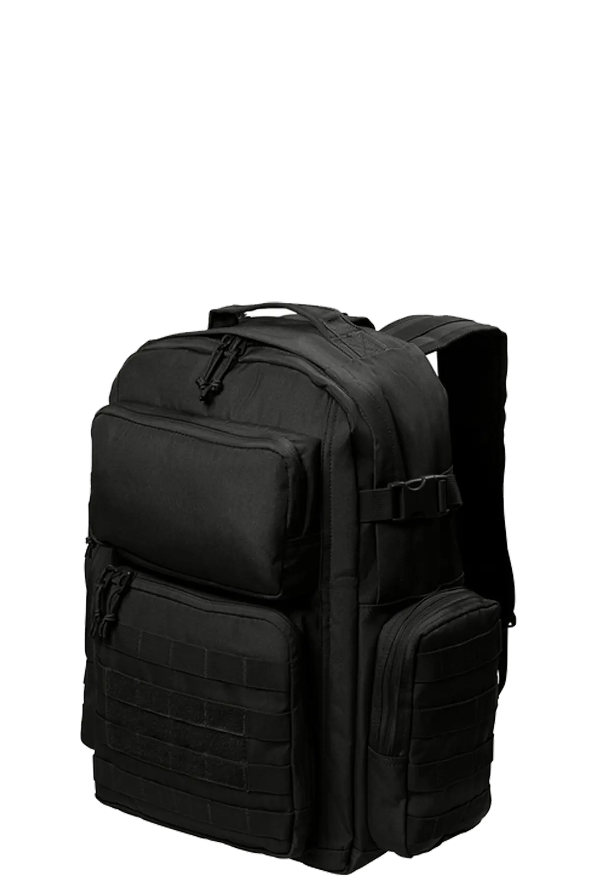 Black tactical backpack on a white background. BRT Towing & Recovery, Paper Street Print Co, Blairstown, NJ.