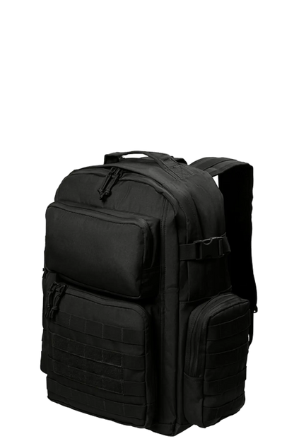 Black tactical backpack on a white background. BRT Towing & Recovery, Paper Street Print Co, Blairstown, NJ.