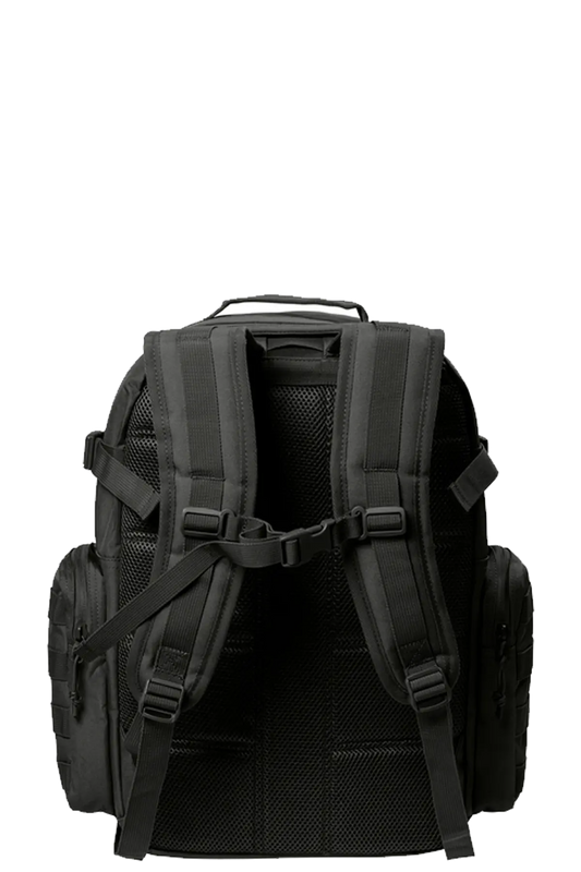 Black backpack with multiple straps on a white background. BRT Towing & Recovery, Paper Street Print Co, Blairstown, NJ.