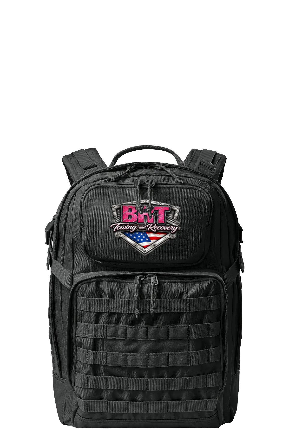 Black tactical backpack with a logo on a white background. BRT Towing & Recovery, Paper Street Print Co, Blairstown, NJ.