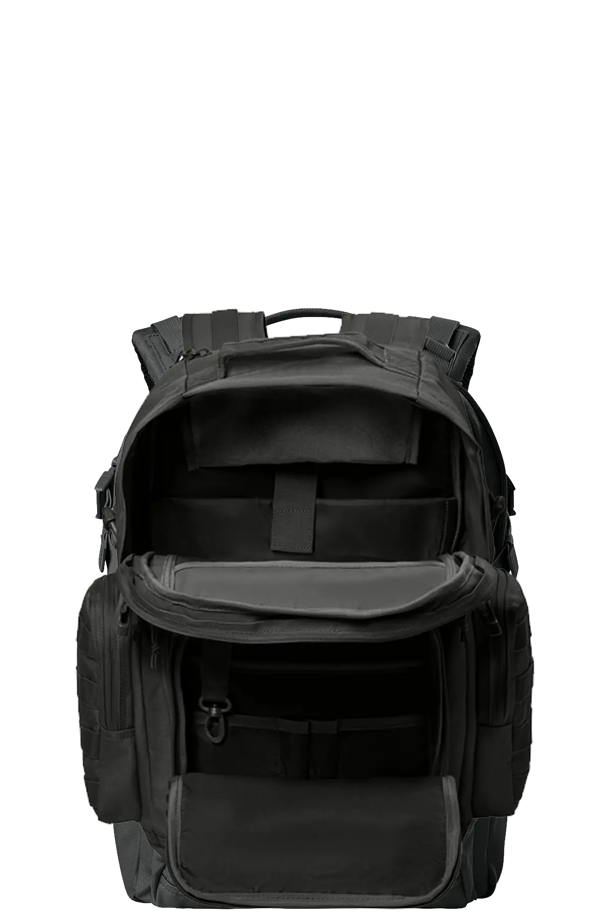 Black backpack on a white background. BRT Towing & Recovery, Paper Street Print Co, Blairstown, NJ.