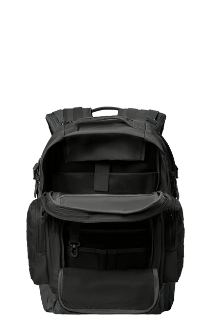 Black backpack on a white background. BRT Towing & Recovery, Paper Street Print Co, Blairstown, NJ.