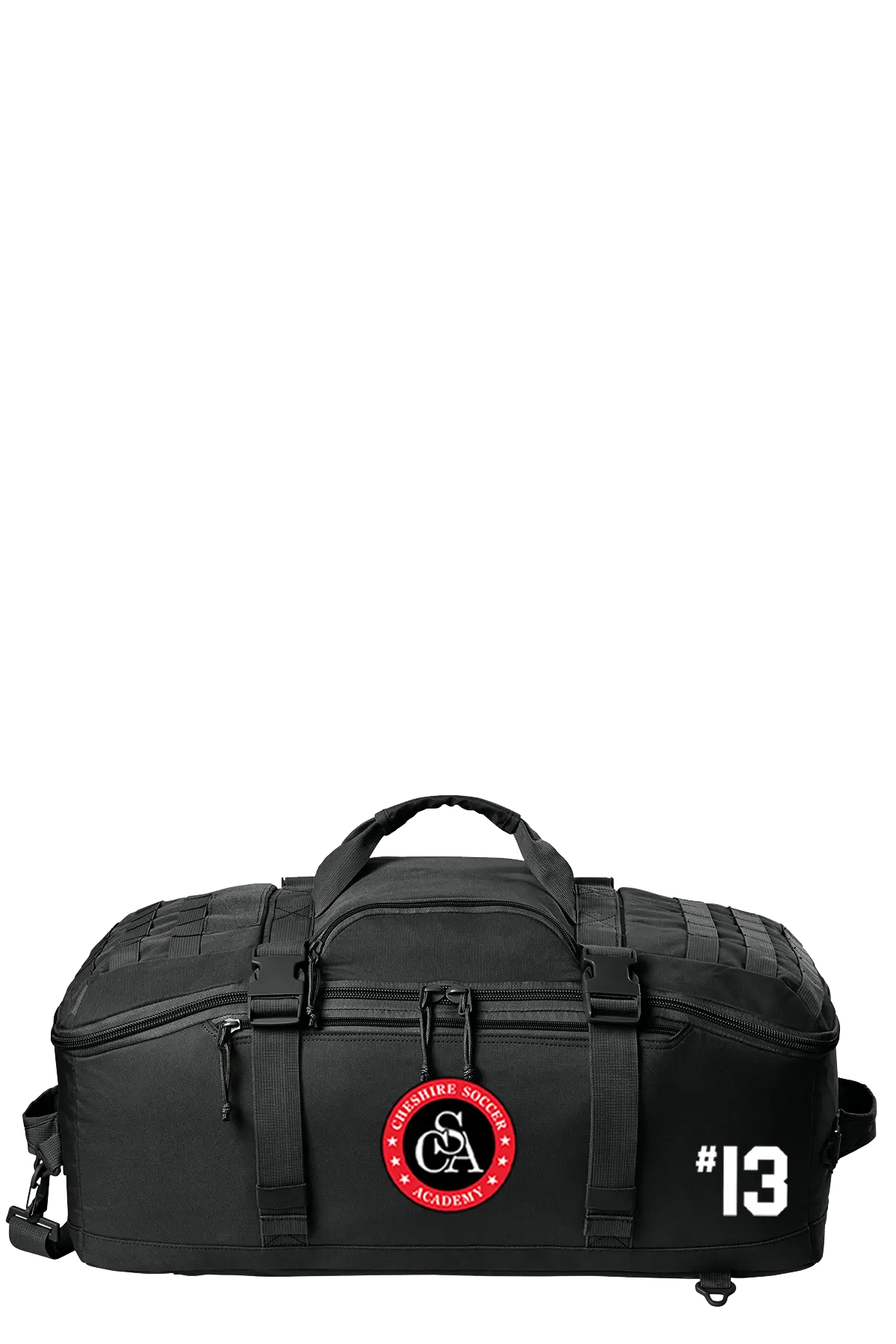 Black duffel bag with a logo and number on a white backgroundPaper Street Print Co, Blairstown, NJ.