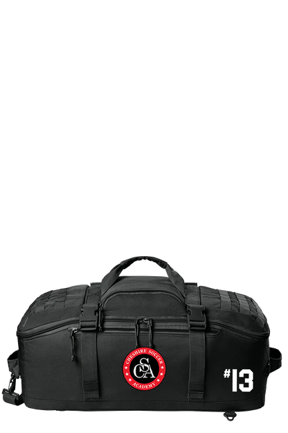 Black duffel bag with a logo and number on a white backgroundPaper Street Print Co, Blairstown, NJ.