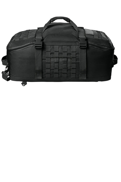 Black tactical duffel bag on a white background. Ron and Sons Towing, Paper Street Print Co, Blairstown, NJ.