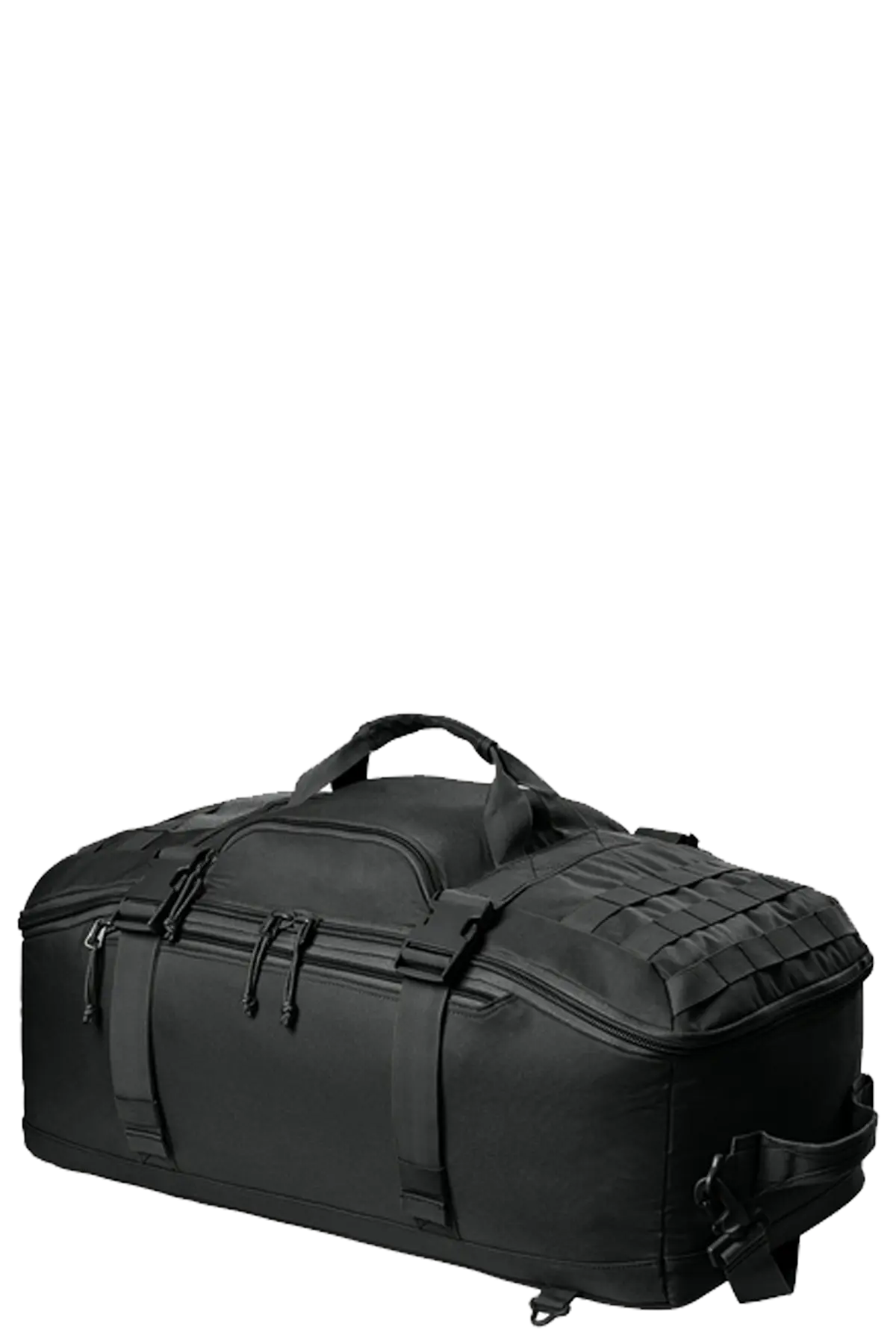 Black tactical duffel bag on a white background. BRT Towing & Recovery, Paper Street Print Co, Blairstown, NJ.