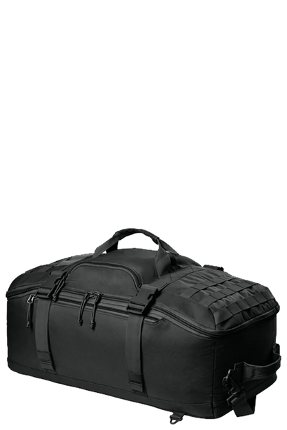 Black tactical duffel bag on a white background. BRT Towing & Recovery, Paper Street Print Co, Blairstown, NJ.