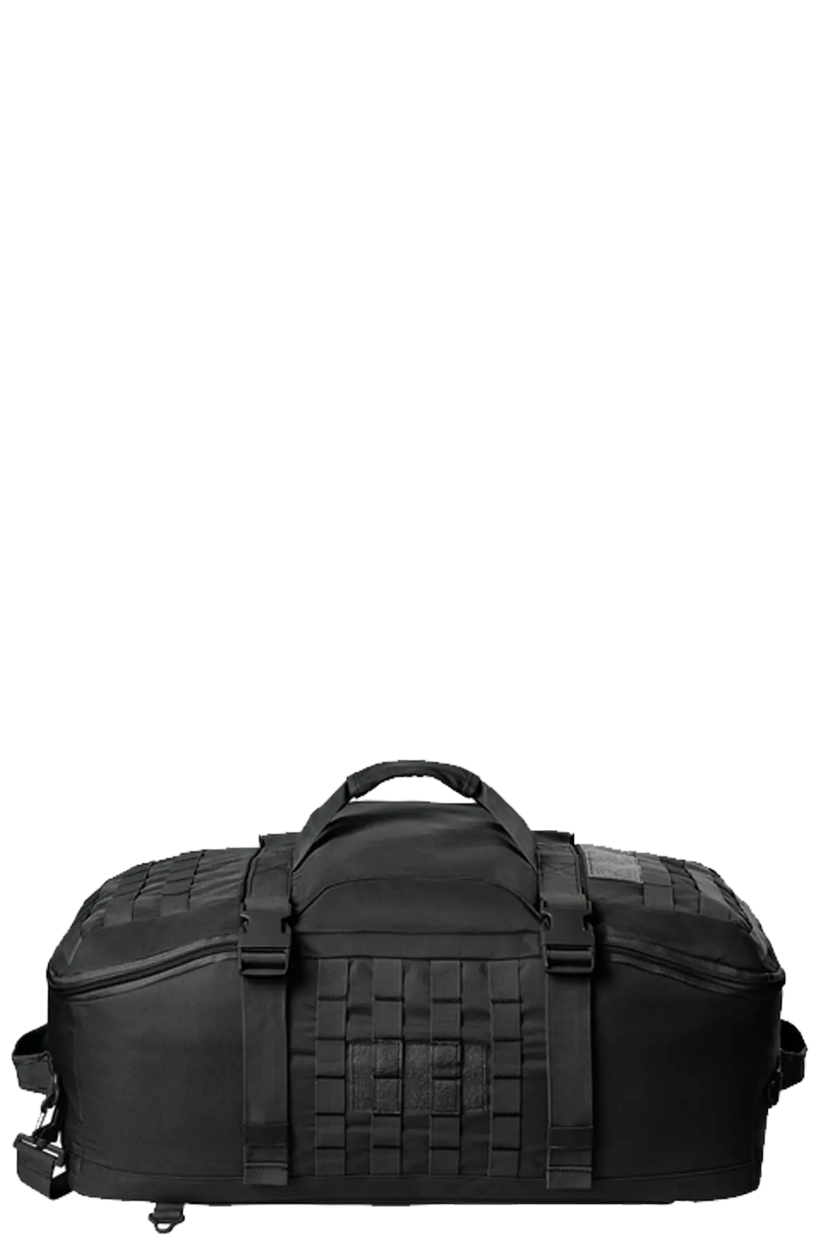 Black tactical duffel bag on a white background. BRT Towing & Recovery, Paper Street Print Co, Blairstown, NJ.