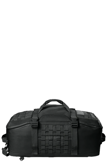 Black tactical duffel bag on a white background. BRT Towing & Recovery, Paper Street Print Co, Blairstown, NJ.