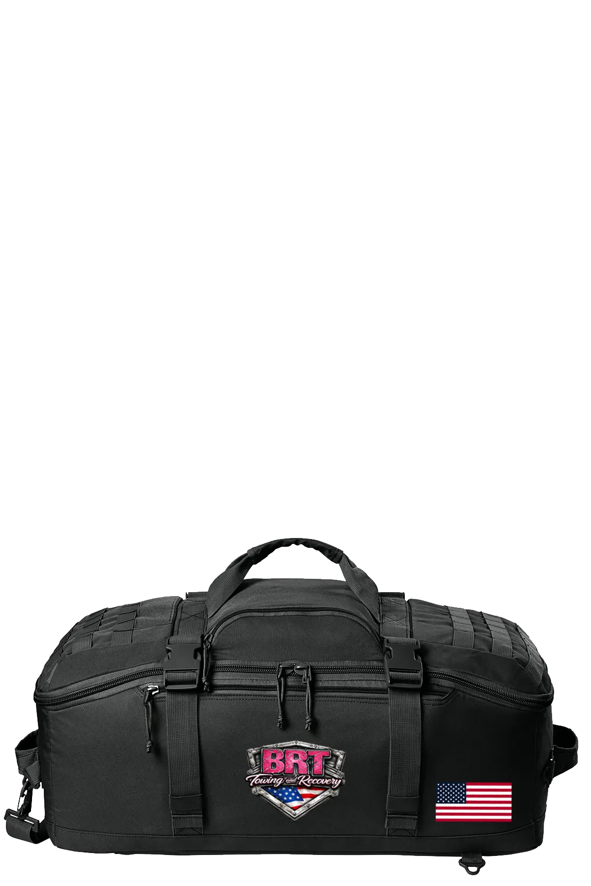 Black tactical bag with visible branding and an American flag on a white background. BRT Towing & Recovery, Paper Street Print Co, Blairstown, NJ.