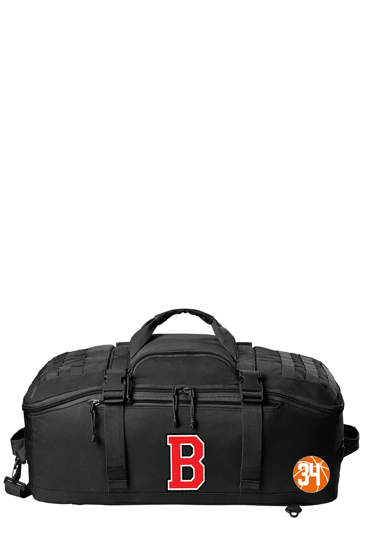 A black duffel bag with a large red letter 'B' on the front and an orange circular '31' patch on the side, shown against a plain white background. Belvidere Lady Seaters, Paper Street Print Co, Blairstown, NJ.