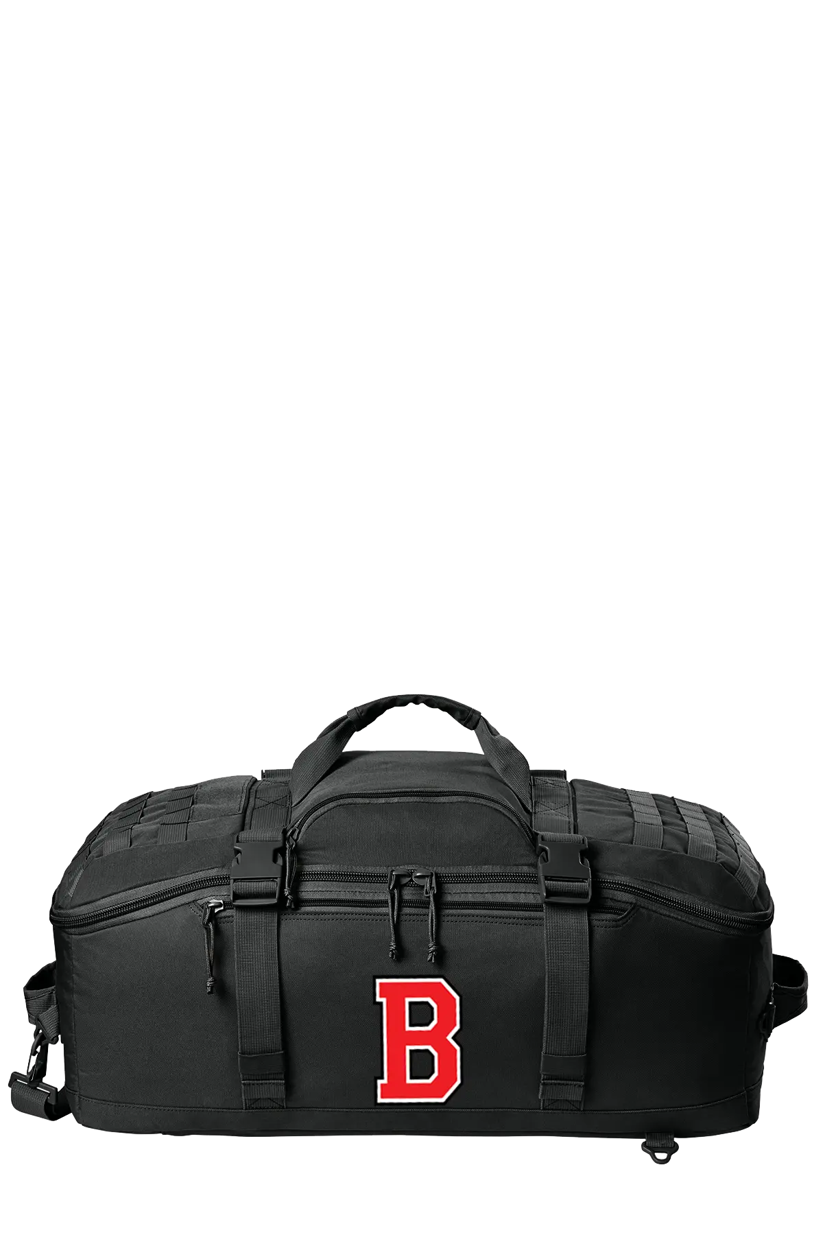 A black duffel bag with a large red letter 'B' logo on the front, displayed against a solid white background. Belvidere Lady Seaters, Paper Street Print Co, Blairstown, NJ.
