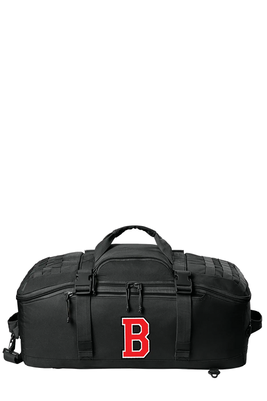 A black duffel bag with a large red letter 'B' logo on the front, displayed against a solid white background. Belvidere Lady Seaters, Paper Street Print Co, Blairstown, NJ.