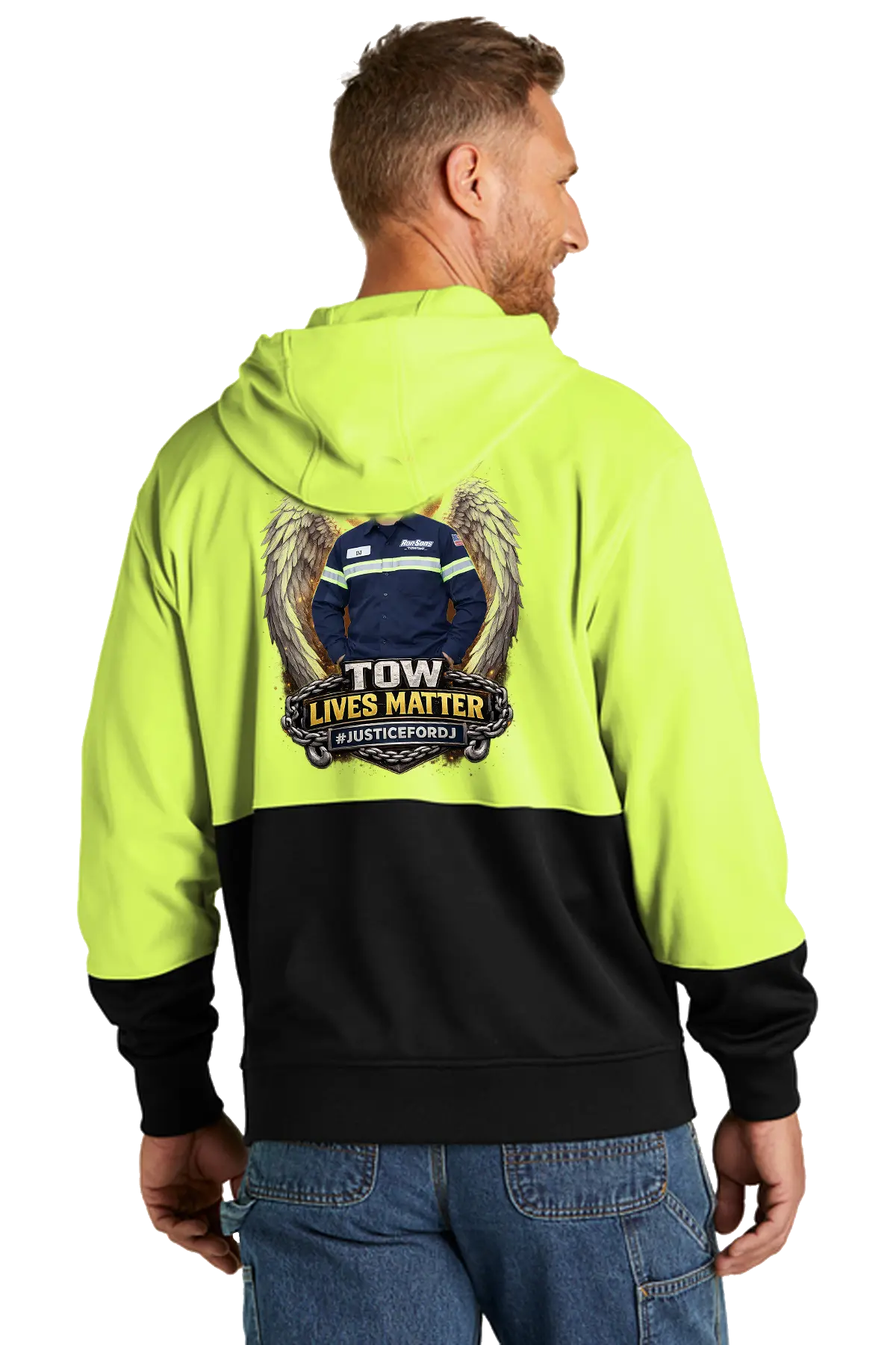 Person wearing a high-visibility hoodie with 'Tow Lives Matter' graphic on the back. #JUSTICEFORDJ - Paper Street Print Co, Blairstown, NJ.