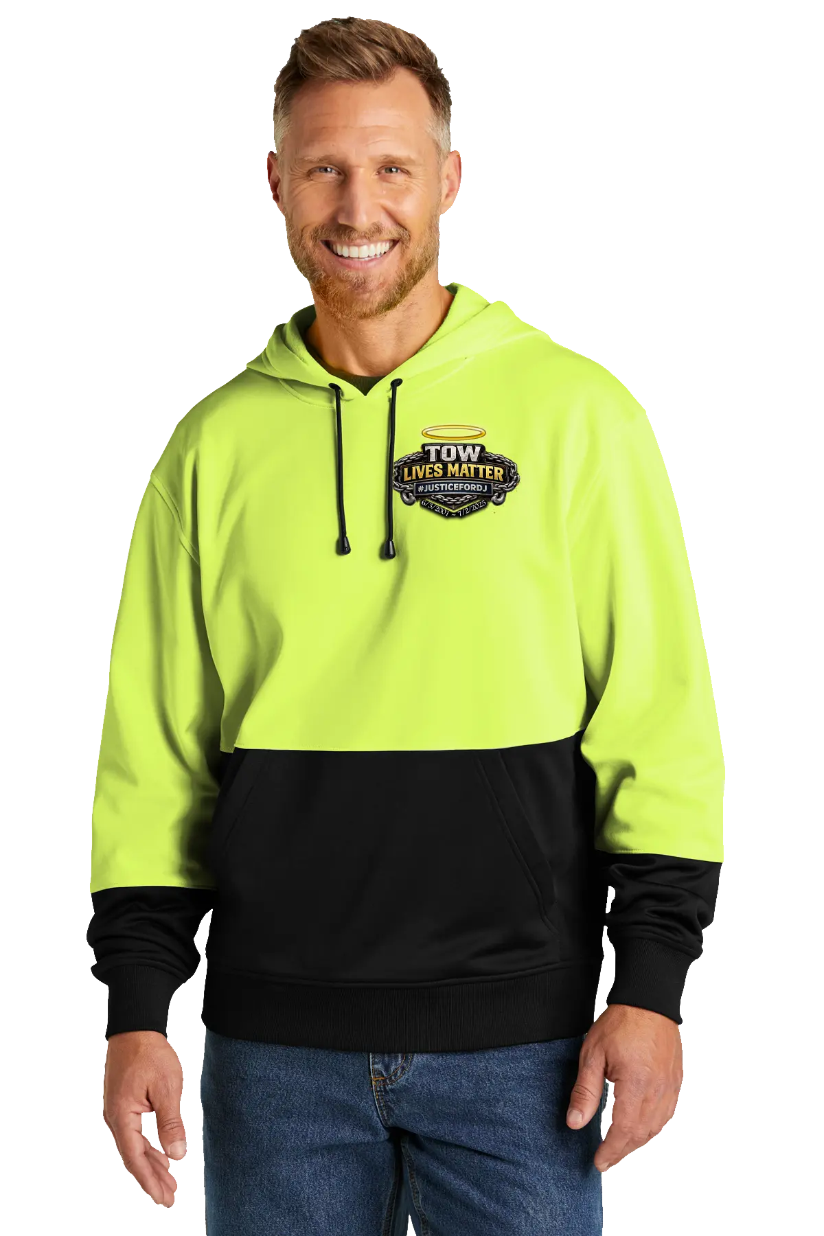 Man wearing a high-visibility yellow and black hoodie with a logo on a white background. #JUSTICEFORDJ - Paper Street Print Co, Blairstown, NJ.