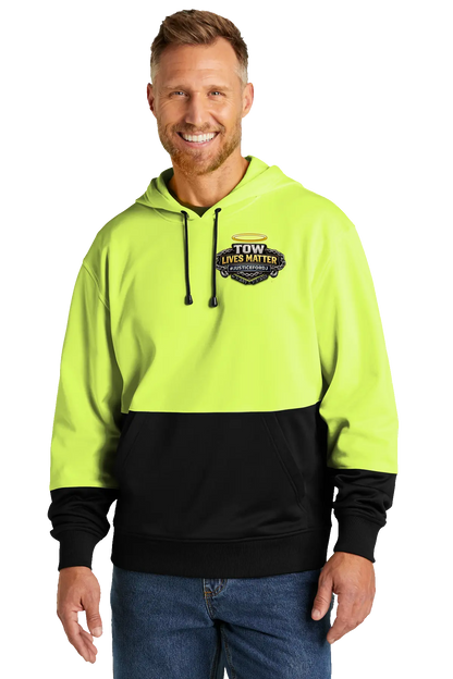 Man wearing a high-visibility yellow and black hoodie with a logo on a white background. #JUSTICEFORDJ - Paper Street Print Co, Blairstown, NJ.