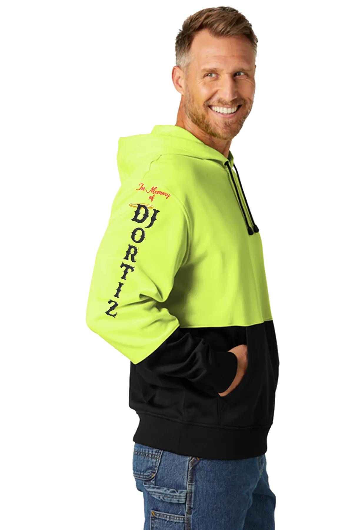 Man wearing a bright yellow and black hoodie with 'In Memory of DJ Ortiz' branding on a white background. #JUSTICEFORDJ - Paper Street Print Co, Blairstown, NJ.