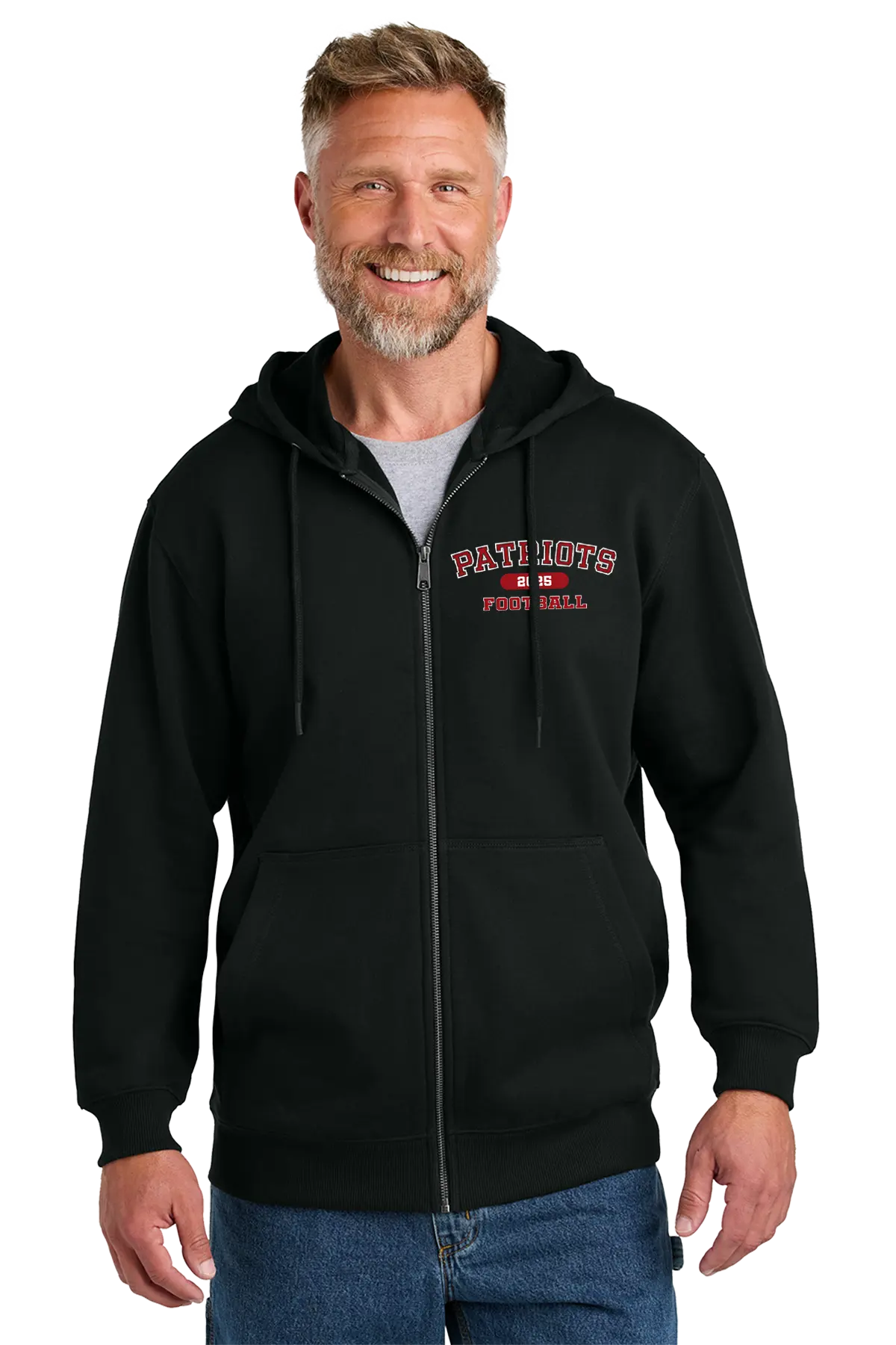 Man wearing a black hoodie with 'Patriots' text on a white background. Paper Street Print Co, Blairstown, NJ.
