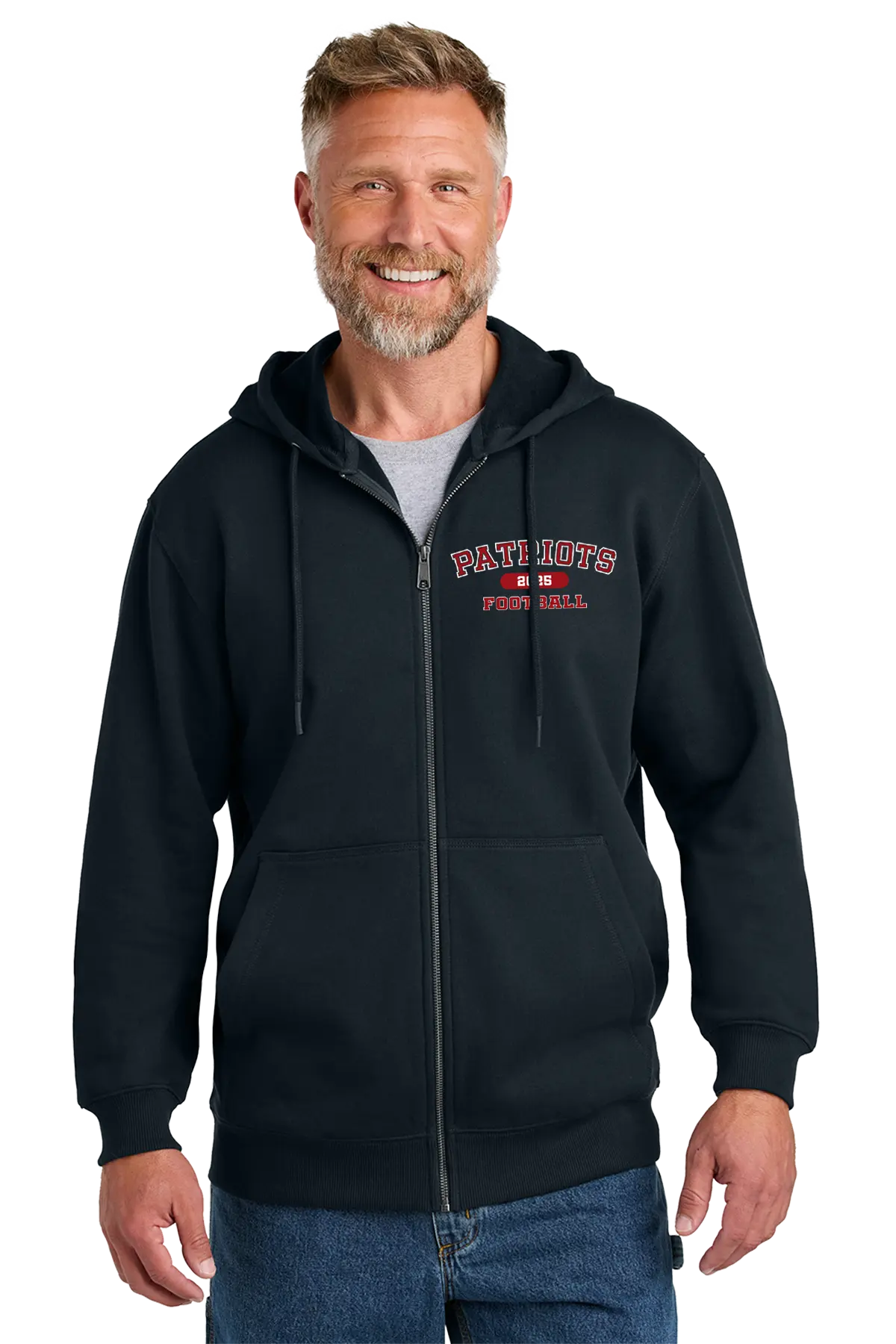 Man wearing a black hoodie with 'Patriots' text on a white background. Paper Street Print Co, Blairstown, NJ.