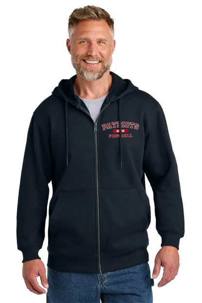 Man wearing a black hoodie with 'Patriots' text on a white background. Paper Street Print Co, Blairstown, NJ.