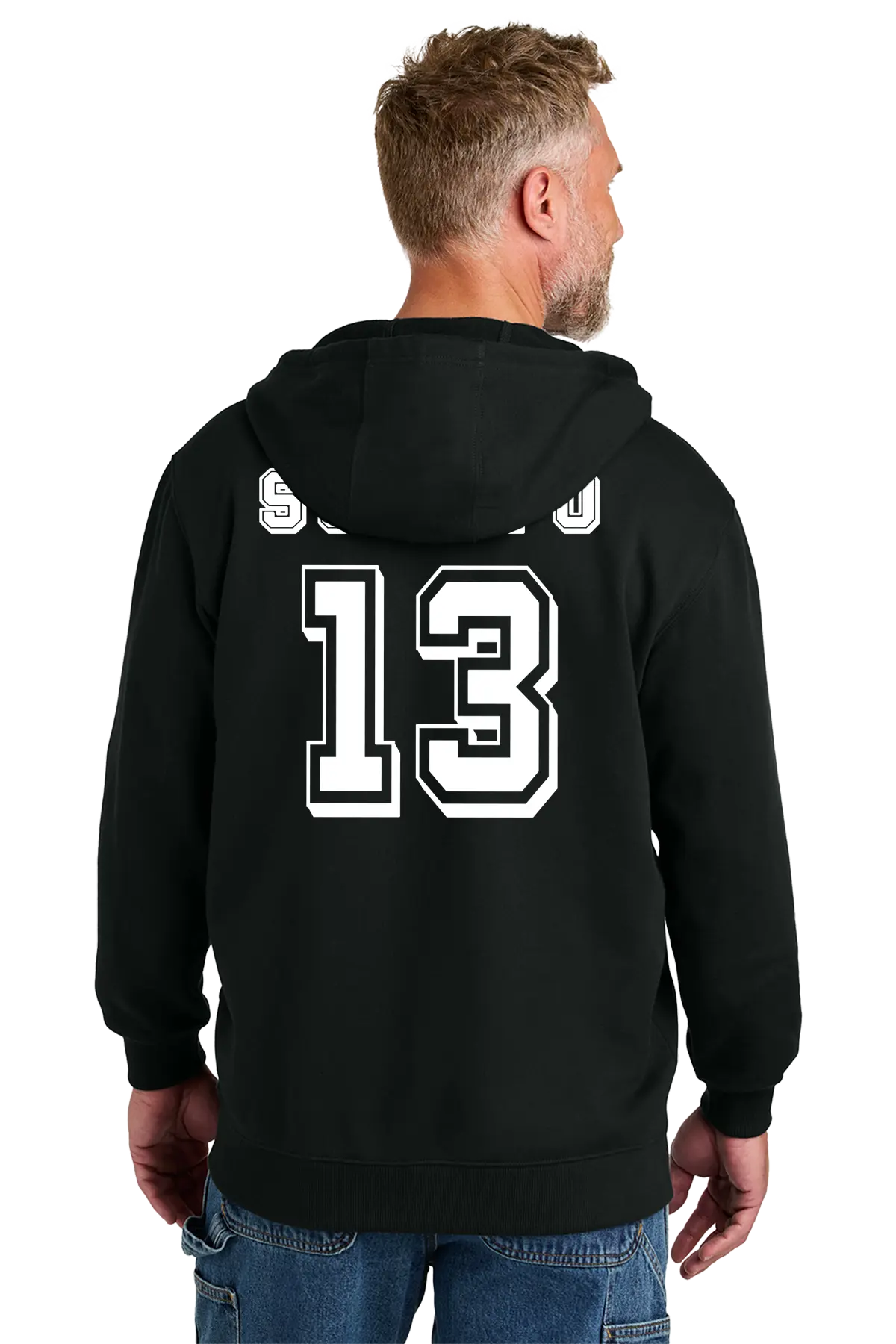 Person wearing a black hoodie with number 13 on the back, standing against a white background. Paper Street Print Co, Blairstown, NJ.