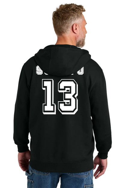 Person wearing a black hoodie with number 13 on the back, standing against a white background. Paper Street Print Co, Blairstown, NJ.