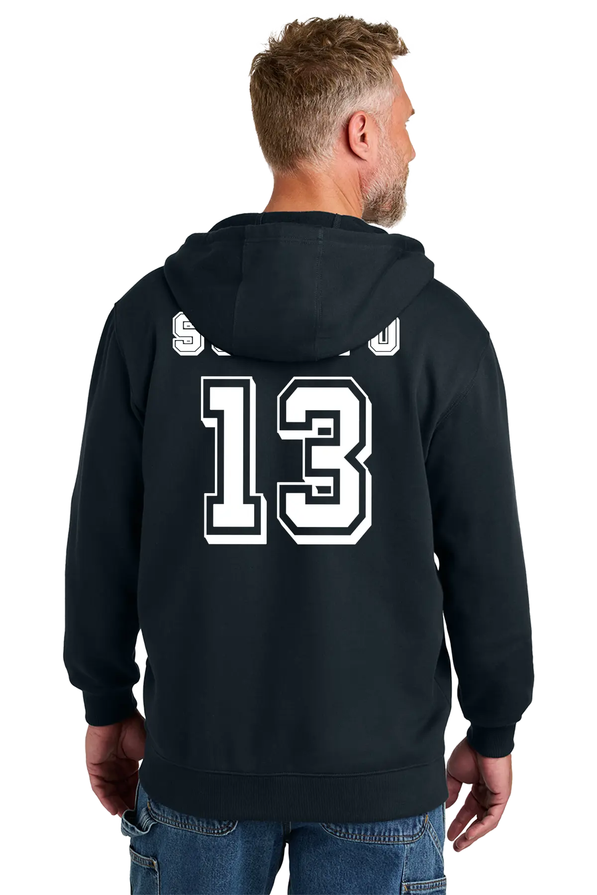 Man wearing a black hoodie with number 13 on the back, standing against a white background. Paper Street Print Co, Blairstown, NJ.