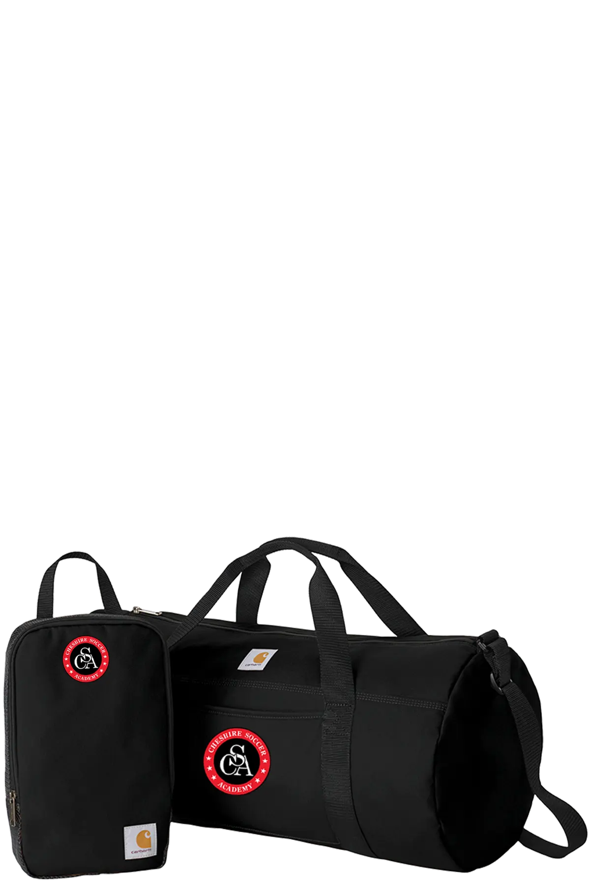 Black duffel bag and travel pouch with Carhartt logo on a white background. Paper Street Print Co, Blairstown, NJ.