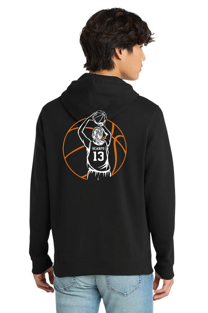 A man wearing a black hoodie from the back, featuring a white and orange basketball player graphic with the number 13 on the back, paired with light blue jeans against a white background.. Belvidere Lady Seaters, Paper Street Print Co, Blairstown, NJ.