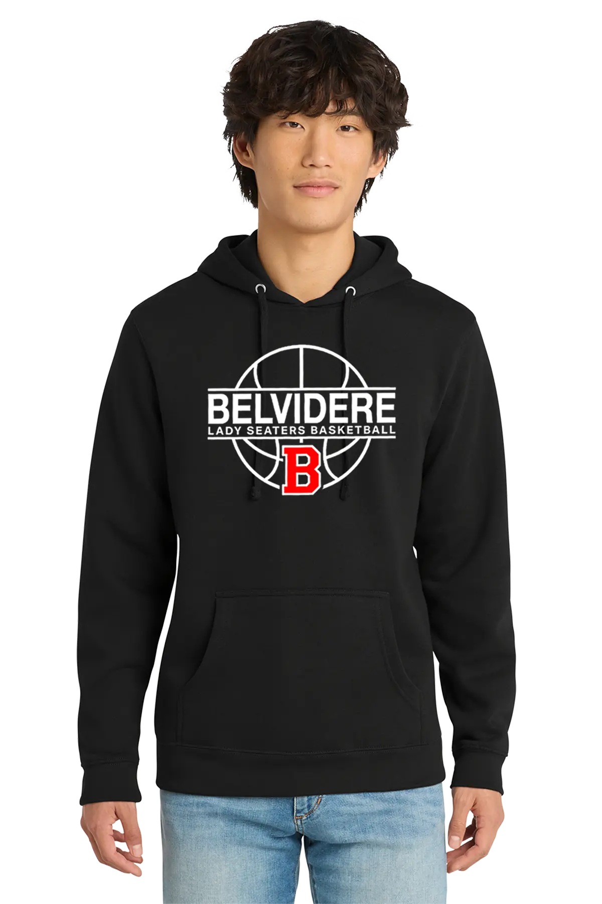 A man wearing a black pullover hoodie with a white and red 'Belvidere Lady Seaters Basketball' graphic on the chest, paired with light blue jeans, against a plain white background. Paper Street Print Co, Blairstown, NJ.
