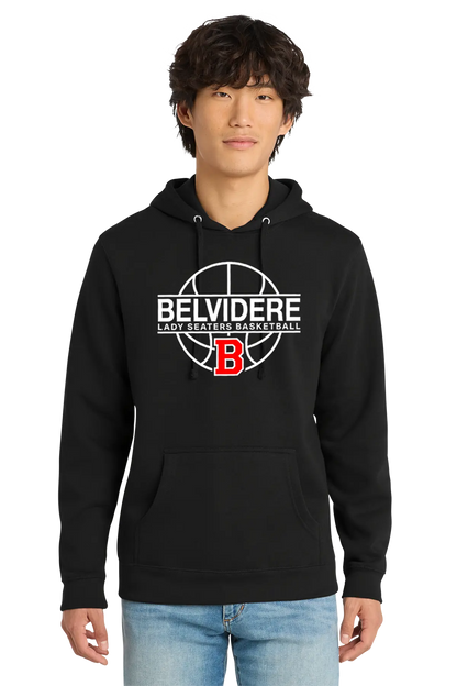 A man wearing a black pullover hoodie with a white and red 'Belvidere Lady Seaters Basketball' graphic on the chest, paired with light blue jeans, against a plain white background. Paper Street Print Co, Blairstown, NJ.