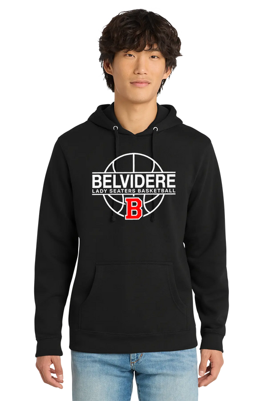 A man wearing a black pullover hoodie with a white and red 'Belvidere Lady Seaters Basketball' graphic on the chest, paired with light blue jeans, against a plain white background. Paper Street Print Co, Blairstown, NJ.