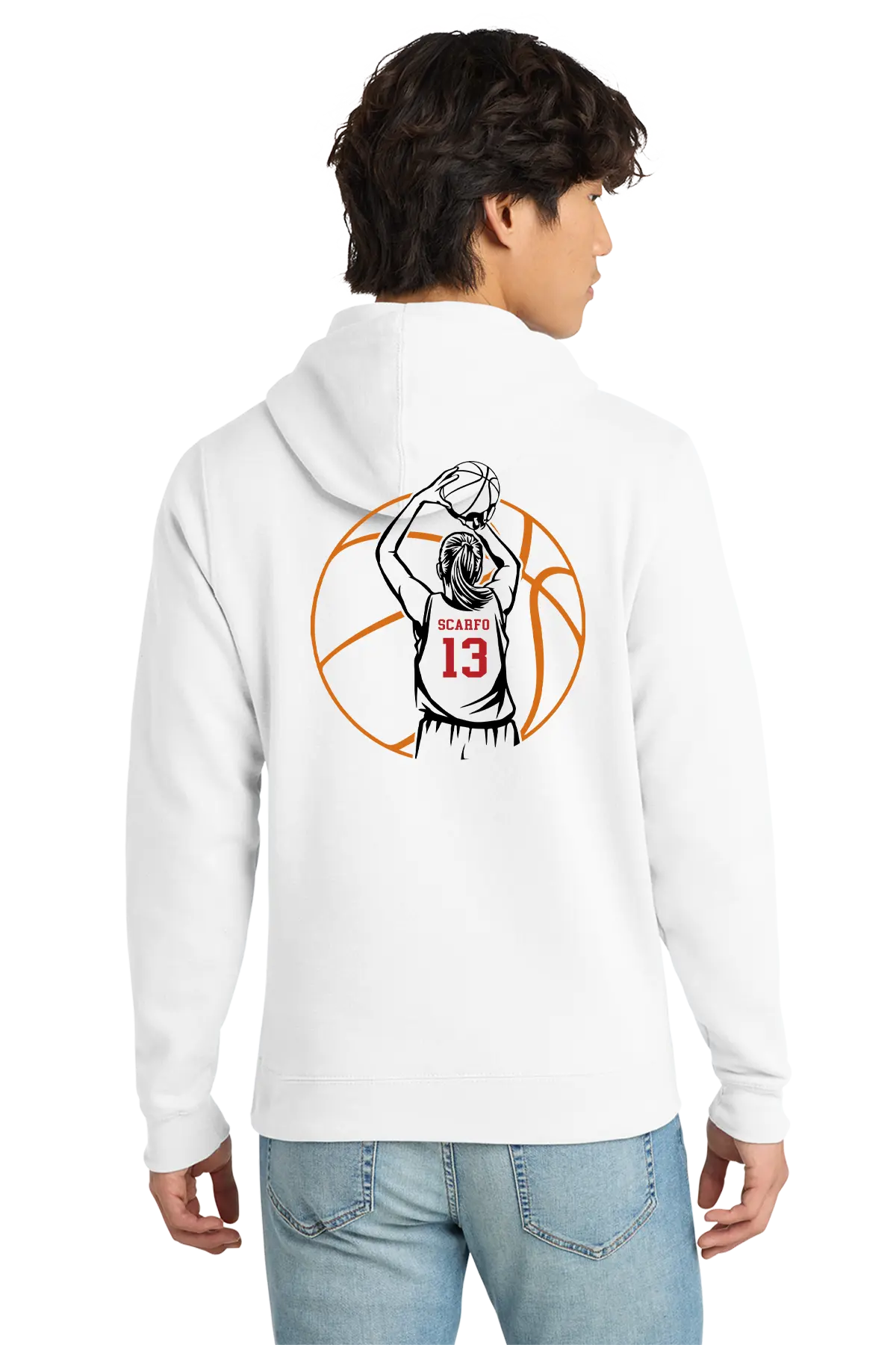 A man shown from the back wearing a white hoodie with a basketball player graphic on the back, paired with light blue jeans, against a plain white background. Belvidere Lady Seaters, Paper Street Print Co, Blairstown, NJ.