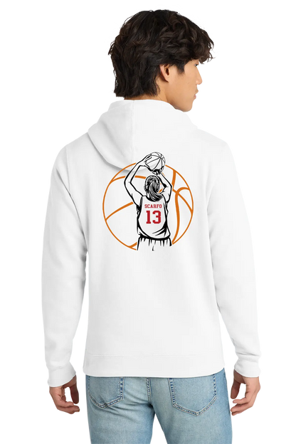 A man shown from the back wearing a white hoodie with a basketball player graphic on the back, paired with light blue jeans, against a plain white background. Belvidere Lady Seaters, Paper Street Print Co, Blairstown, NJ.
